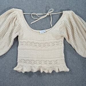 Lucy Paris Knit Puff Sleeve Blouse Women's XS Beige Ruffle Hem Tie Back Boho